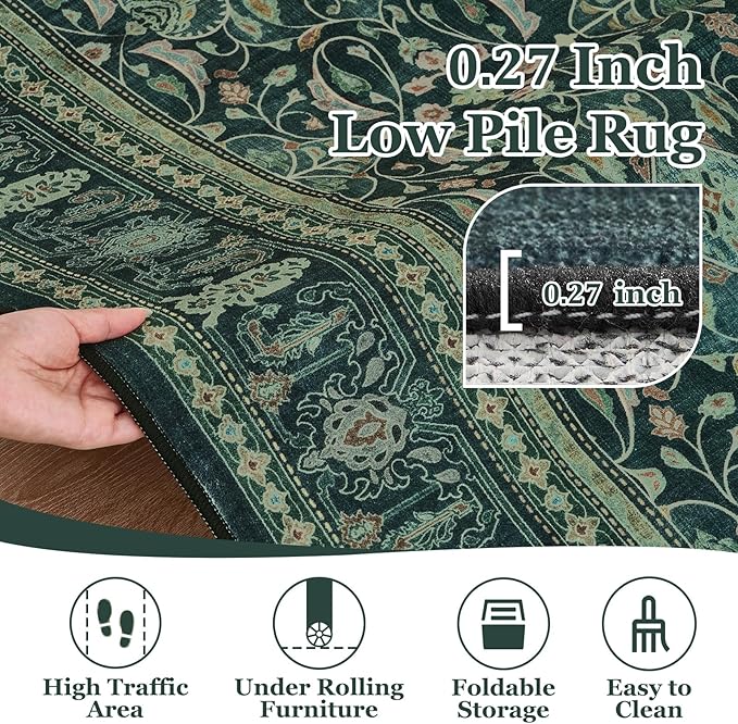 Washable Rugs 5x7, Dark Green Floral Moroccan Printed Area Rug for Living Room Bedroom, Low Pile Thin Carpet Rug with Rubber Backing Non Slip for Dining Room Kitchen Home Office Vintage Boho