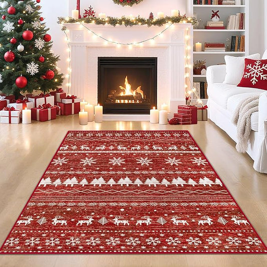 Christmas 4x6 Rug for Living Room: Washable Moroccan Geometric Rug Boho Non Slip Stain Resistant Rugs Low Pile Soft Carpet for Xmas Holiday Decor Kitchen Laundry Room Bedroom (Xmas Red,4'x6')