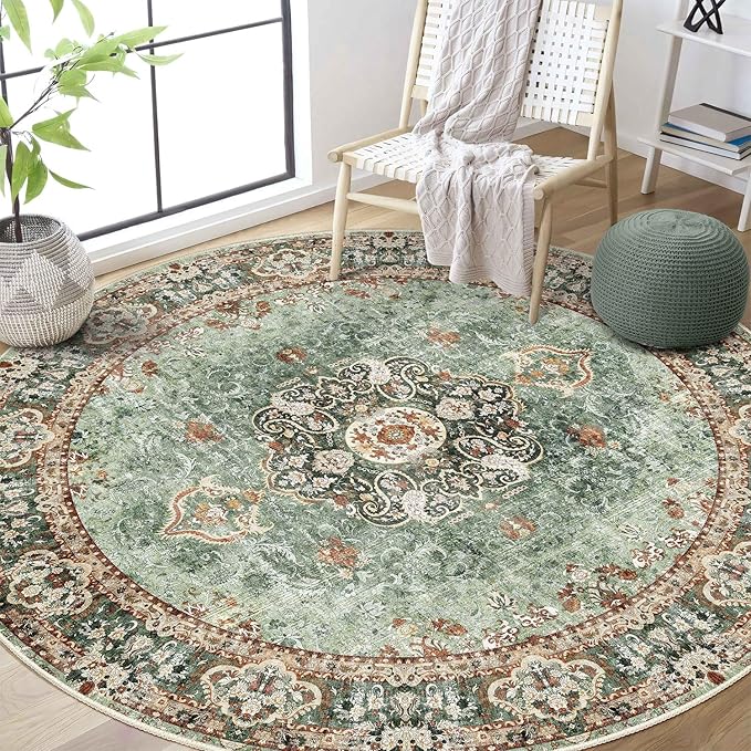Green Round Rug 6ft,Large Circle Area Rugs for Bedroom Living Room Dining Room,Washable Boho Vintage Bohemian Distressed Oriental Floral Carpet Non Slip,Sage