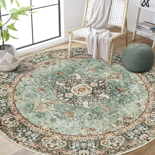Green Round Rug 6ft,Large Circle Area Rugs for Bedroom Living Room Dining Room,Washable Boho Vintage Bohemian Distressed Oriental Floral Carpet Non Slip,Sage