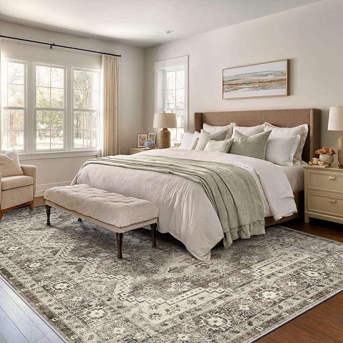 Rugland 5x7 Area Rugs - Stain Resistant Washable Rug, Anti Slip Rugs for Living Room, Vintage Tribal Area Rugs(TPR07-Ivory, 5'x7')