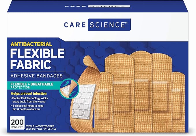 Care Science Fabric Adhesive Bandages, 200 ct Bulk Assorted Sizes | Flexible + Breathable Protection for First Aid and Wound Care