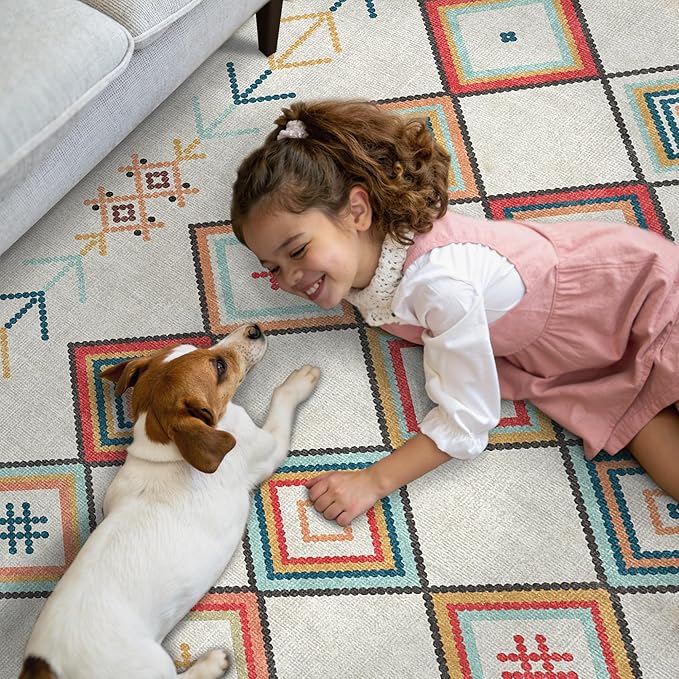 GENIMO Machine Washable 3x5 Area Rugs for Living Room, Non Slip Vintage Rugs, Low Pile Lightweight Chenille Print Rug for Bedroom, Dining Room, Home Office, Rainbow