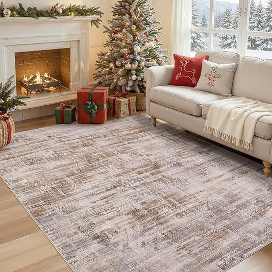 Area Rug for Living Room: 5x7 Washable Neutral Abstract Modern Soft Rugs Non Slip Indoor Floor Stain Resistant Carpet for Bedroom Dining Room Office Nursery - Red Brown
