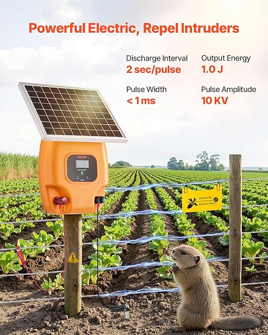 VEVOR Solar Fence Charger, 1J 10kV Solar Powered Fence Charger, Electric Fence Energizer Kit, Keep Out Predators, 3 Days Runtime, for Livestock, Poultry, Garden Protection