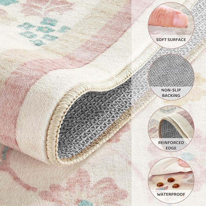 Runner Rug for Hallways Kitchen: 2x6 Washable Area Rug Boho Floral Soft Long Rug - Non-Slip Low Pile Throw Indoor Carpet for Entryway Kitchen Bedroom Laundry Bathroom - Pink