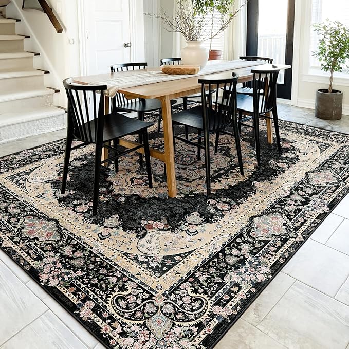 8x10 Area Rugs Washable,Black Rug for Living Room Bedroom Dining Room,Large Boho Vintage Bohemian Distressed Carpet Non Slip,Floral