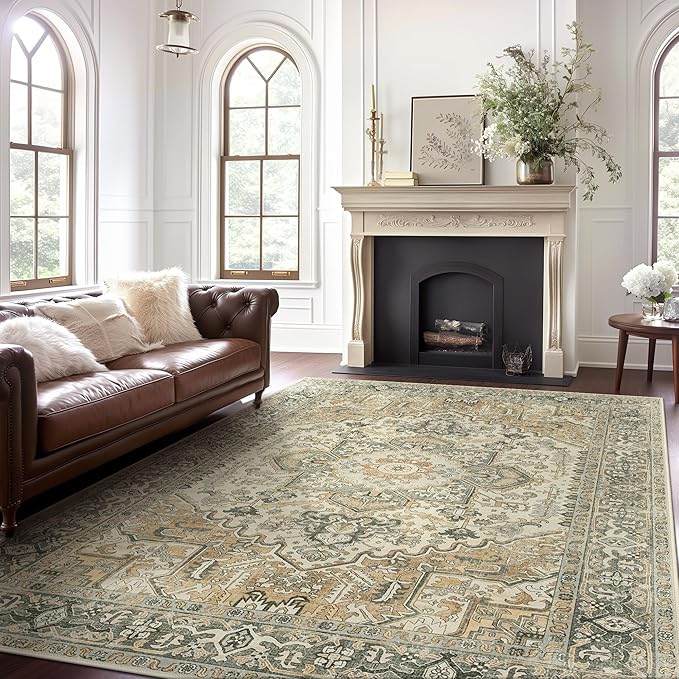 GENIMO Machine Washable 9x12 Area Rugs for Living Room, Non Slip Vintage Rugs, Low Pile Lightweight Chenille Print Rug for Bedroom, Dining Room, Home Office, Earthy Brown