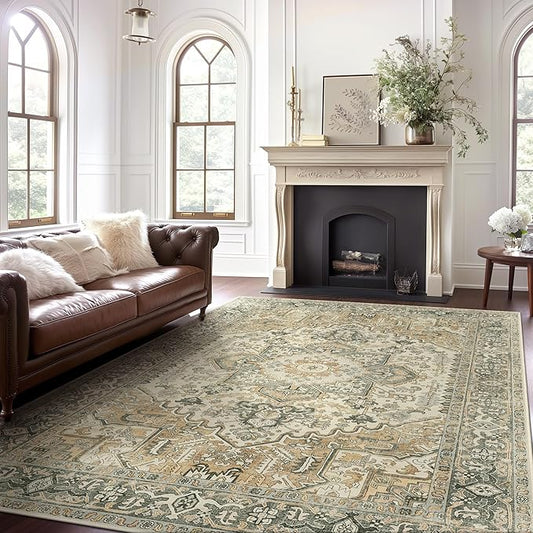 GENIMO Machine Washable 9x12 Area Rugs for Living Room, Non Slip Vintage Rugs, Low Pile Lightweight Chenille Print Rug for Bedroom, Dining Room, Home Office, Earthy Brown
