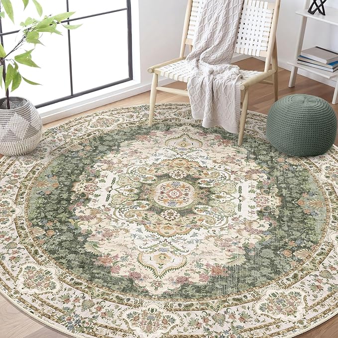 Green Round Rug 6ft,Large Circle Area Rugs for Bedroom Living Room Dining Room,Washable Boho Vintage Bohemian Distressed Oriental Carpet Non Slip,Sage Floral