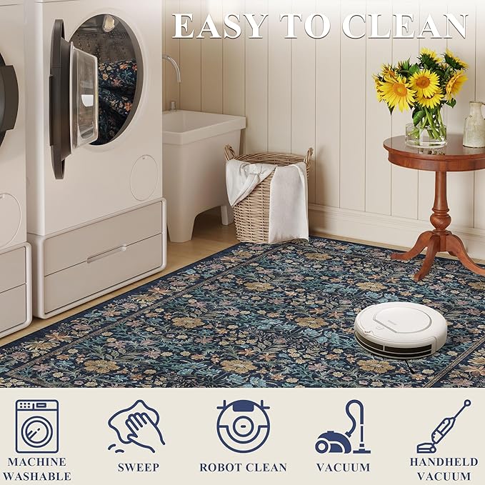 DUKINO 5x7 Area Rugs, Floral Washable Rugs for Bedroom with Non Slip Backing, Vintage Low Pile Indoor Floor Carpets for Bedroom, Living Room, Farmhouse, Home Office, Dining Room, Dark Blue