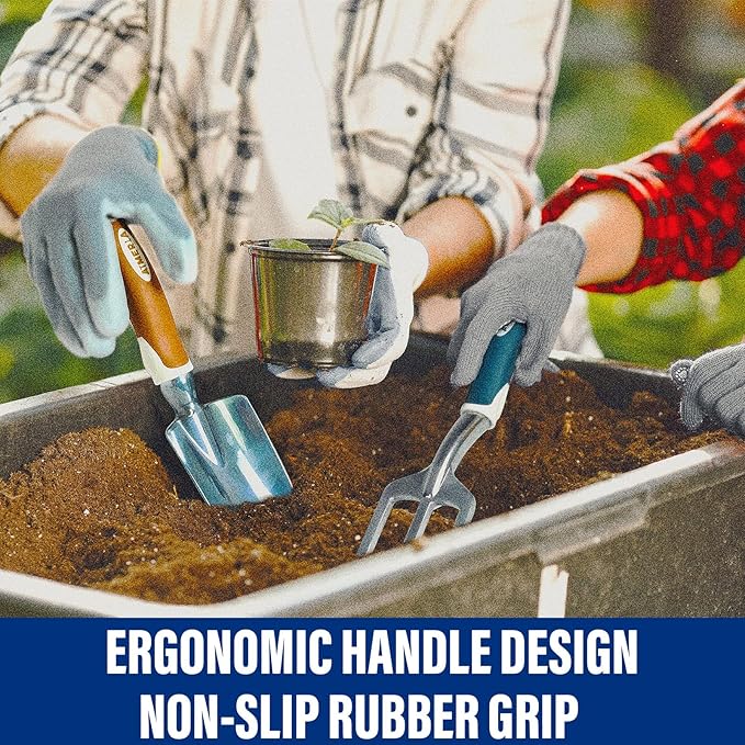 Aimerla Gardening Tools Set of 9 Heavy Duty Garden Tools with Non-Slip Rubber Grip with Large Garden Bag for Tools Durable Hand Tools for Gardening, Weeding,Gardening Gifts for Women,Men