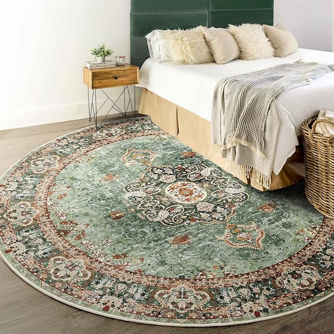 Green Round Rug 6ft,Large Circle Area Rugs for Bedroom Living Room Dining Room,Washable Boho Vintage Bohemian Distressed Oriental Floral Carpet Non Slip,Sage