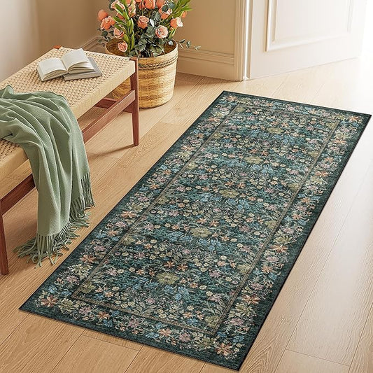 DUKINO 2x5 Washable Runner Rug, Floral Non Slip Bathroom Rugs with Soft Low Pile Design, Lightweight Non-Shedding Carpet Runner for Bathroom, Kitchen, Hallway, Bedroom, Laundry, Blue