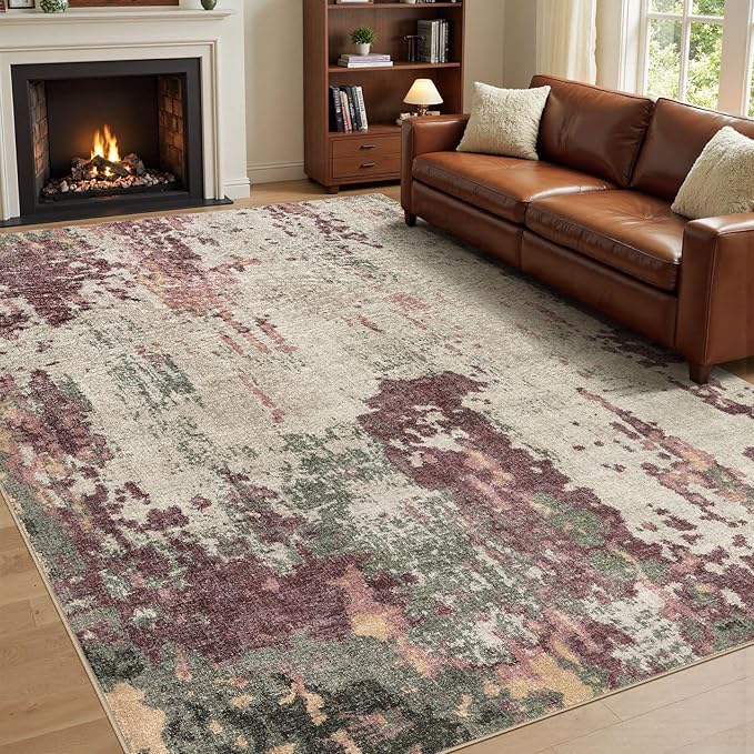 9x12 Area Rug Living Room Rugs - Washable Neutral Modern Abstract Soft Thin Rug Indoor Floor No Slip Rug Carpet for Bedroom Under Dining Table Home Office Decor - Purple/Green/Beige