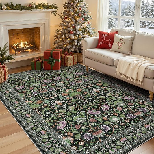 6x9 Area Rug Living Room Rugs - Washable Boho Vintage Floral Large Soft Non Slip Thin Rug Low Pile Carpet for Bedroom Dining Room Kids Playroom Office Decor Indoor- Green Dark