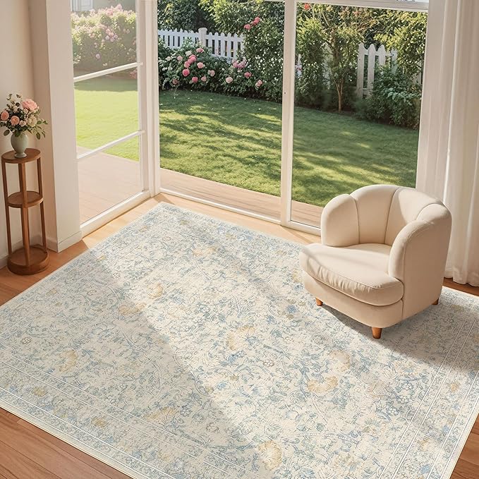 5x7 Area Rug Living Room Rugs - Washable Boho Vintage Floral Large Soft Non Slip Thin Rug Low Pile Carpet for Bedroom Dining Room Kids Playroom Office Decor Indoor- Light Blue