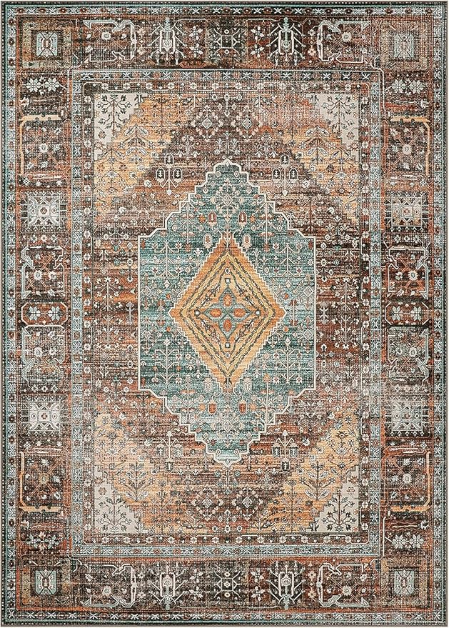 GENIMO Area Rug 2x3 Indoor Machine Washable Doormat, Low Pile Vintage Rugs, Small Retro Lightweight Entryway Mat for Entrance, Hallway, Kitchen and Corridor, Vintage Brown/Blue