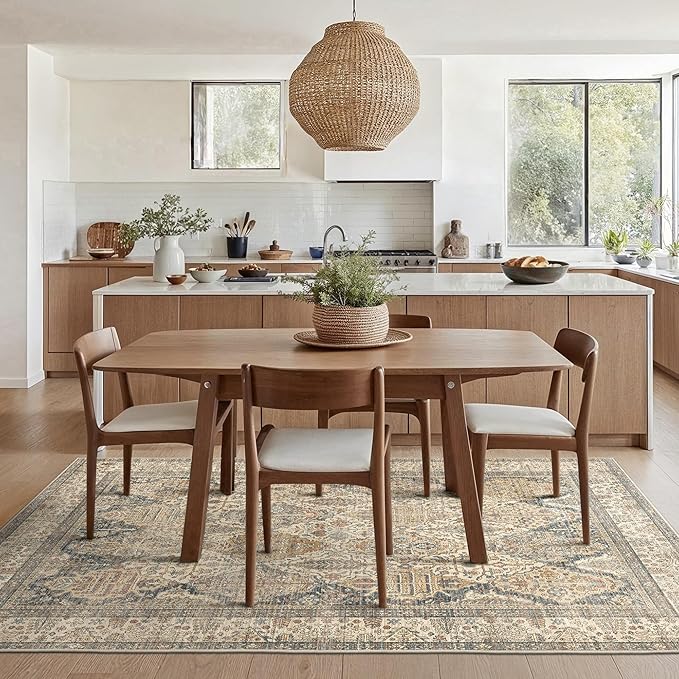 GENIMO 8x10 Area Rugs for Living Room, Machine Washable Non Slip Vintage Rugs, Low Pile Lightweight Chenille Print Rug for Bedroom, Dining Room, Home Office, Beige Khaki