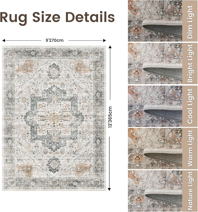 Rugland Area Rugs 9x12 Living Room - Stain Resistant Washable Rug, Anti Slip Rugs for Living Room, Vintage Tribal Area Rugs(Medallion 01-Taupe/Grey, 9'x12')