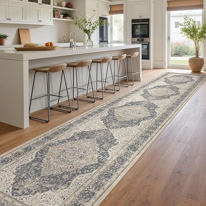 Washable 3x14 Hallway Runner Rug - Vintage Floral Stain & Fade Resistant Non-Slip Backing Ultra-Thin Long Carpet for Entryway, Bedroom, Kitchen, Corridor Decor(Blue/Beige)