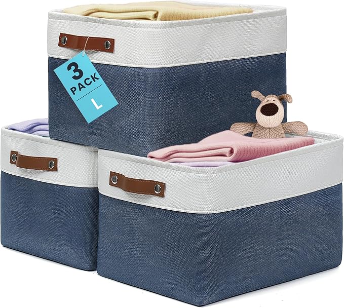 OrganiHaus Large Fabric Storage Baskets for Shelves 3 Pack, 15x11in Closet Storage Bins for Shelves, Canvas Baskets for Organizing, Linen Closet Organizers, Cloth Basket, Navy Blue/Off-White