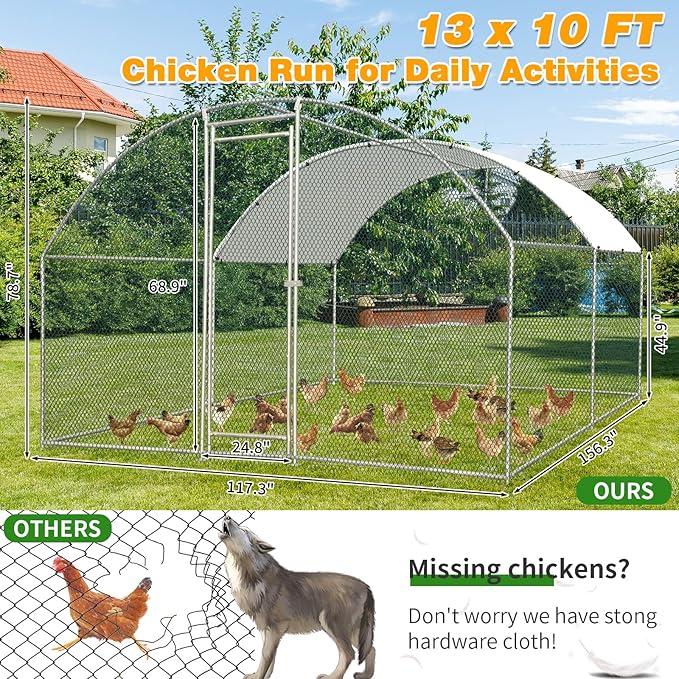 VINGLI Chicken Coop, Large Metal Poultry Cage for Chicken Run, Walk-in Chicken Pen with Waterproof & Anti-UV Cover Outdoor (Silver-Dome Roof, 13.1 * 9.8 * 6.5 ft)