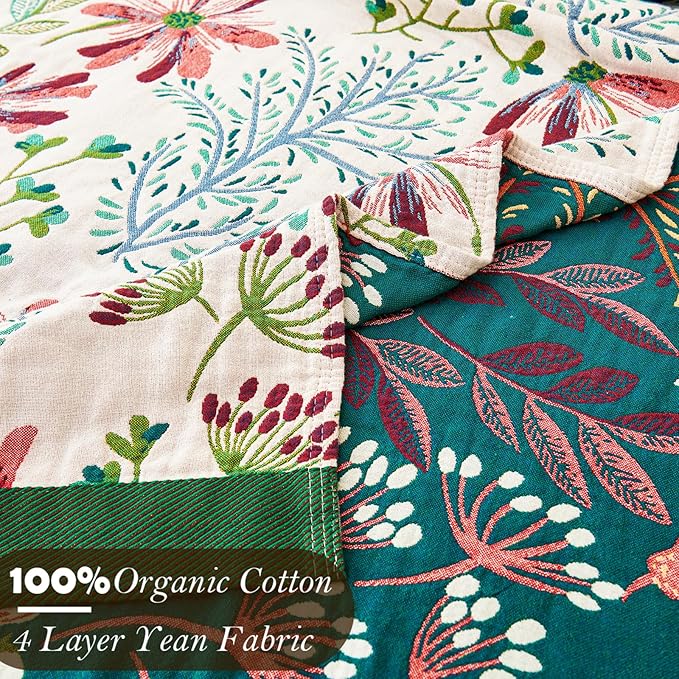 Boho Throw Blanket, 100% Organic Cotton Breathable Ultra Soft 60" x 80" Bed Quilt Throw - All Season Floral Rustic Farmhouse Decor Luxury Reversible Blanket for Sofa Couch Chair and Gift