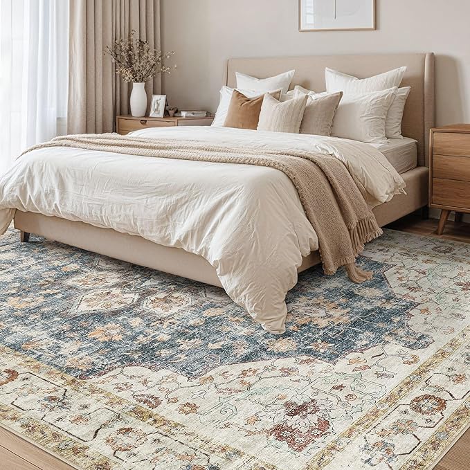 Area Rug for Living Room - 10x12 Soft Washable Oriental Vintage Floral Distressed Large Carpet - Fade Stain Resistant Non Slip Rugs for Bedroom Dining Room Nursery Dorm Office Home Decor - Blue Golden