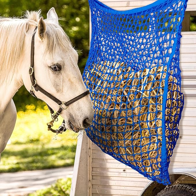 Fabbay 2 Pcs Slow Feed Hay Net Hay Feeder Bags for Horses Goat Stall Trailer Horse Feeding Supplies(35 x 31 Inch,Blue)