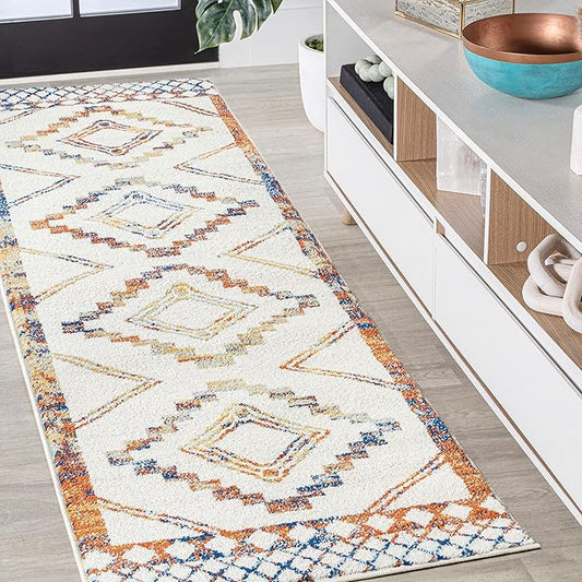 JONATHAN Y Amir Moroccan Beni Souk Ivory/Blue/Orange Runner Rug, 2x8, Bohemian, Scandinavian, Easy-Cleaning for Living Room, Bedroom, Kitchen, Pet Friendly, Non-Shedding (MOH200E-28)