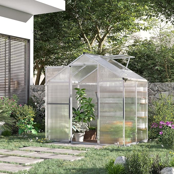 Outsunny 4' x 6' Greenhouse for Outdoors, Polycarbonate Greenhouse with Rain Gutter and Roof Vent, Aluminum Walk-in Green Houses for Outside Patio Backyard Garden