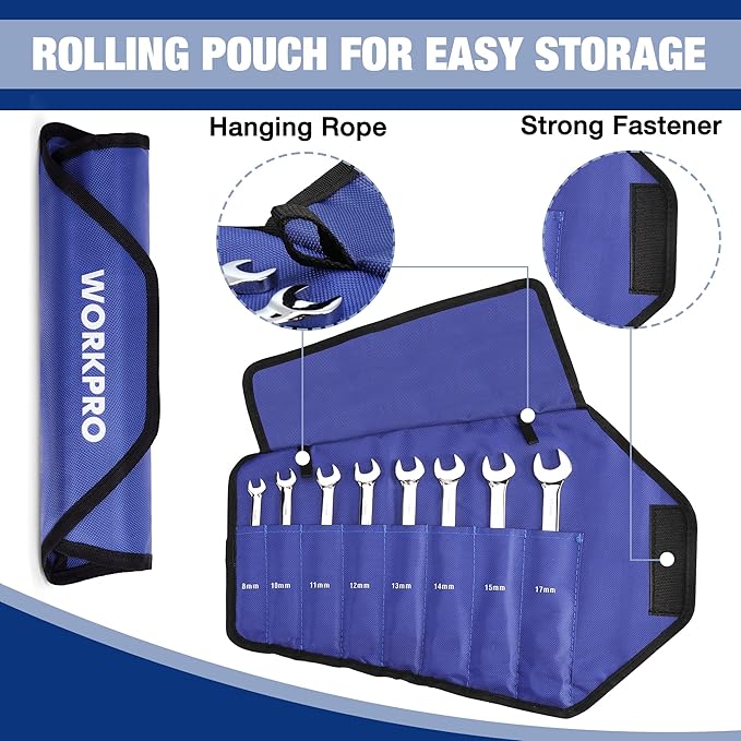 WORKPRO 8-piece Flex-Head Ratcheting Combination Wrench Set, Metric 8-17mm, 72-Teeth, Cr-V Constructed, Mirror Polished Chrome Plated with Roll Up Pouch