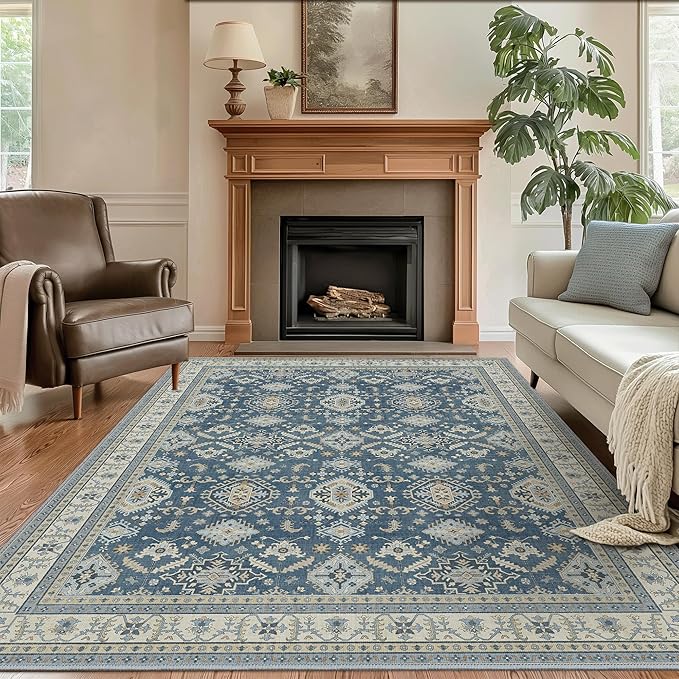 GENIMO Machine Washable 8x10 Area Rugs for Living Room, Non Slip Vintage Rugs, Low Pile Lightweight Chenille Print Rug for Bedroom, Dining Room, Home Office, Blue