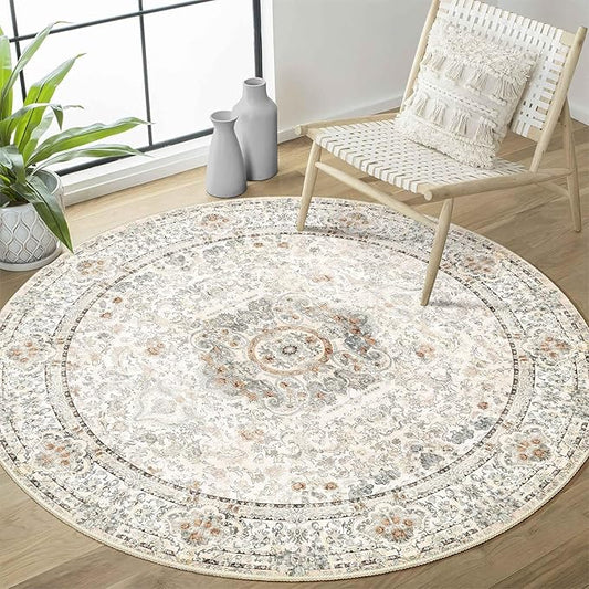 Boho Round Rug 4ft,Washable Circle Area Rugs for Bedroom Bathroom Entryway,Beige Vintage Bohemian Distressed Oriental Floral Carpet Non Slip