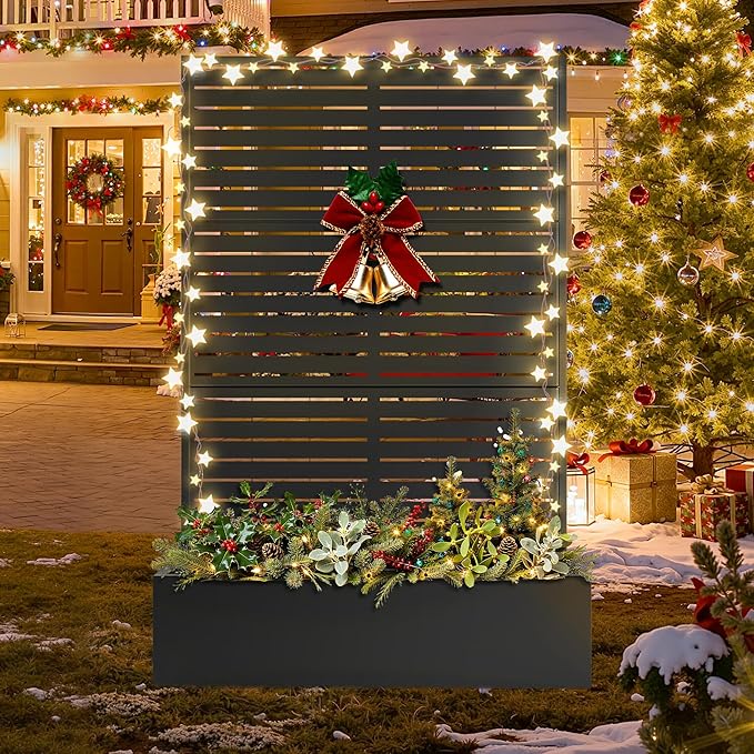 FENCY Metal Raised Garden Bed with Trellis, Metal Planter Box with Trellis, Garden Box for Climbing Plants Vegetable, 47" Lx16 Wx71 H Garden Bed with Drainage Holes(Black-Louvered)