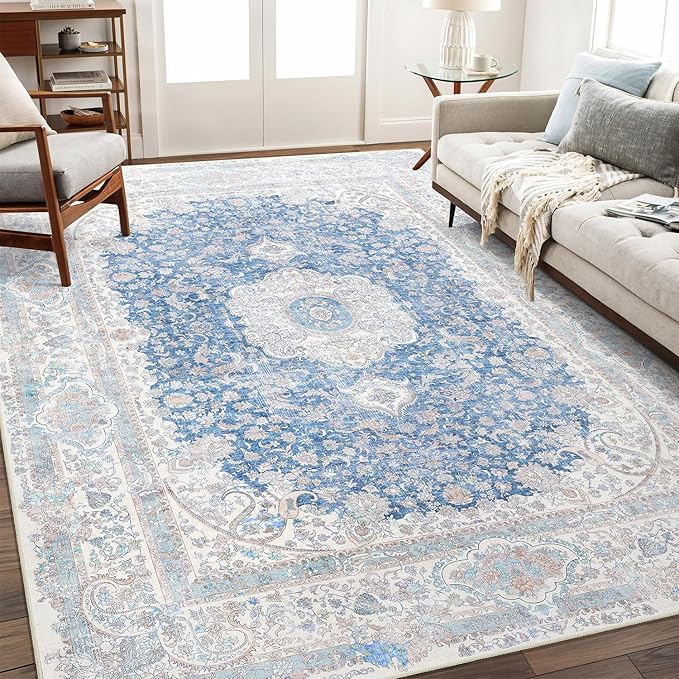 8x10 Area Rugs Washable,Blue Rug for Living Room Bedroom Dining Room,Large Boho Vintage Bohemian Distressed Carpet Non Slip,Floral