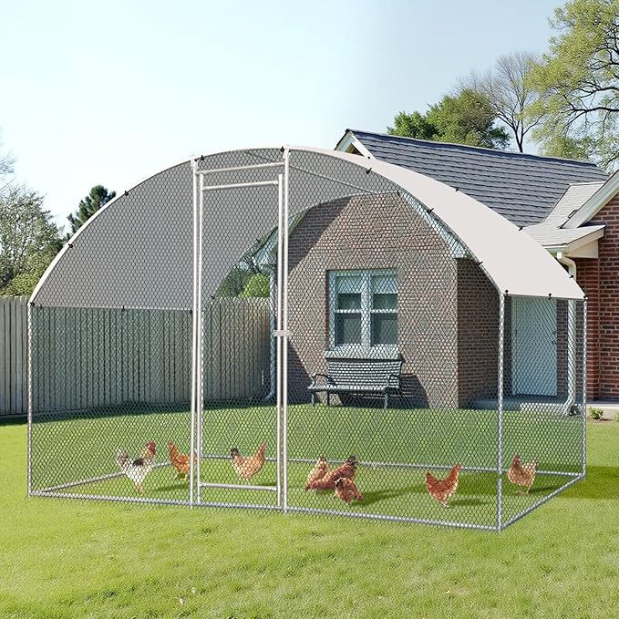 VINGLI Chicken Coop, Large Metal Poultry Cage for Chicken Run, Walk-in Chicken Pen with Waterproof & Anti-UV Cover Outdoor (Silver-Dome Roof, 6.5 * 9.8 * 6.5 ft)