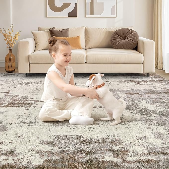 10x14 Area Rug Living Room Rugs - Washable Neutral Modern Abstract Soft Thin Rug Indoor Floor No Slip Rug Carpet for Bedroom Under Dining Table Home Office Decor - Brown/Grey/Beige