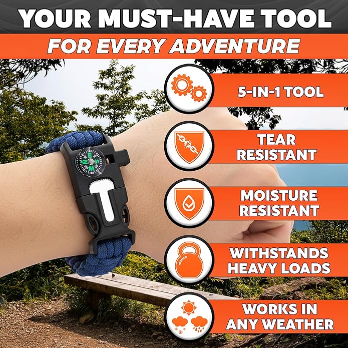 2Pack Survival Paracord Bracelet – 5-in-1 Adjustable Tactical Bracelet for Men with 10 ft Paracord, Flint Fire Starter, Compass, Whistle & Scraper – Survival Gear for Camping, Hiking, Fishing & Travel