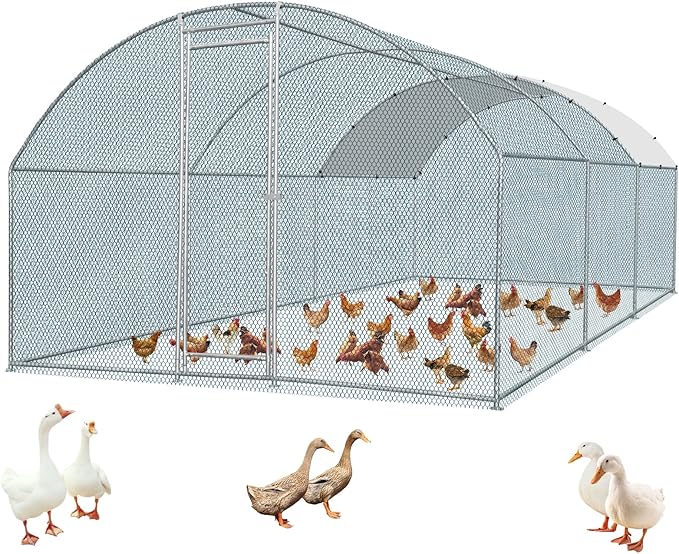 VINGLI Chicken Coop, Large Metal Poultry Cage for Chicken Run, Walk-in Chicken Pen with Waterproof & Anti-UV Cover Outdoor (Silver-Dome Roof, 19.7 * 9.8 * 6.5 ft)