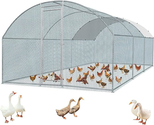 VINGLI Chicken Coop, Large Metal Poultry Cage for Chicken Run, Walk-in Chicken Pen with Waterproof & Anti-UV Cover Outdoor (Silver-Dome Roof, 19.7 * 9.8 * 6.5 ft)