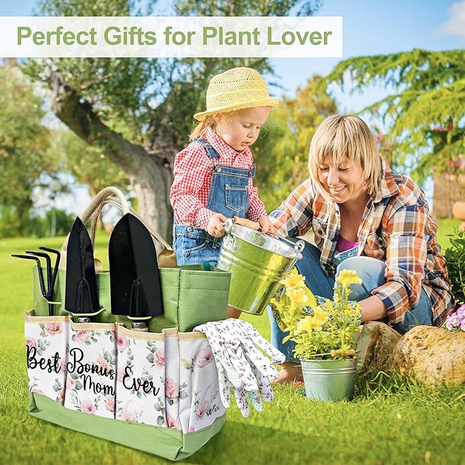 Bonus Mom Gifts, Garden Kit Christmas Bonus Mom Gifts from Bonus Daughter Floral Gardening Tools and Durable Garden Tools Organizer Tote, Gardening Set for Women on Birthday Plant Lover Present