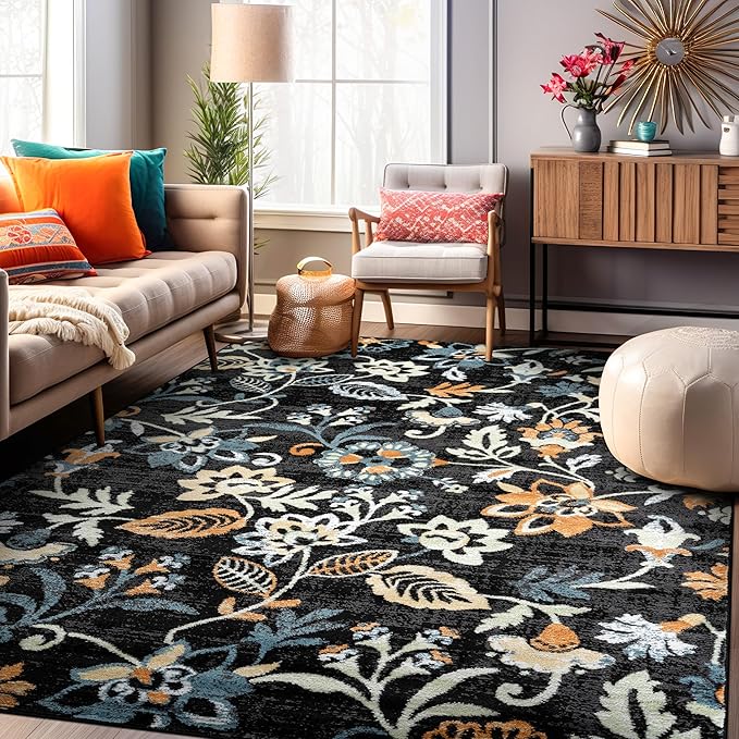 Rugshop Vine Floral Area Rug Modern for Living Room, Bedroom, or Entryway Black Multi 7' 10" x 10' Black