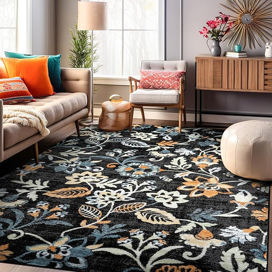 Rugshop Vine Floral Area Rug Modern for Living Room, Bedroom, or Entryway Black Multi 7' 10" x 10' Black