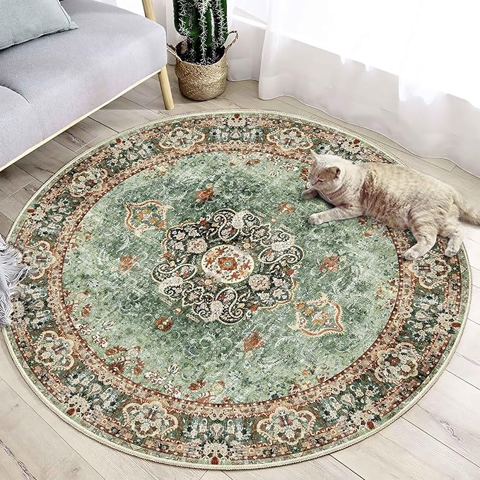 Green Round Rug 4ft,Circle Washable Area Rugs for Bedroom Bathroom Entryway,Boho Vintage Bohemian Distressed Oriental Floral Carpet Non Slip,Sage