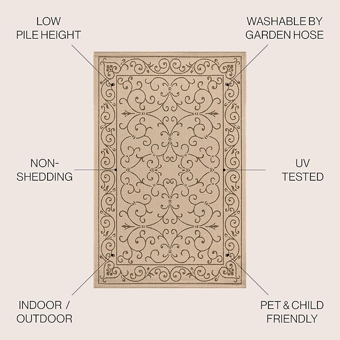 JONATHAN Y Vintage Filigree Indoor Outdoor Square Area Rug 5X5 Beige/Brown, Charleston Textured Weave for Backyard, Patio, Porch, Easy-Cleaning, High Traffic, Pet-Friendly, Non-Shedding (SMB106A-5SQ)