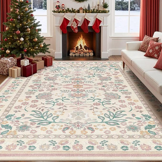 8x10 Area Rug Living Room Rugs - Washable Boho Vintage Floral Large Soft Non Slip Thin Rug Low Pile Carpet for Bedroom Dining Room Kids Playroom Office Decor Indoor- Pink