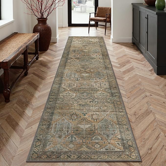 GENIMO 2x10 Runner Rugs for Hallway, Machine Washable Non Slip Vintage Rugs, Low Pile Lightweight Soft Print Rug for enrtyway, Corridor, Home, Office, Kitchen, Muted Taupe