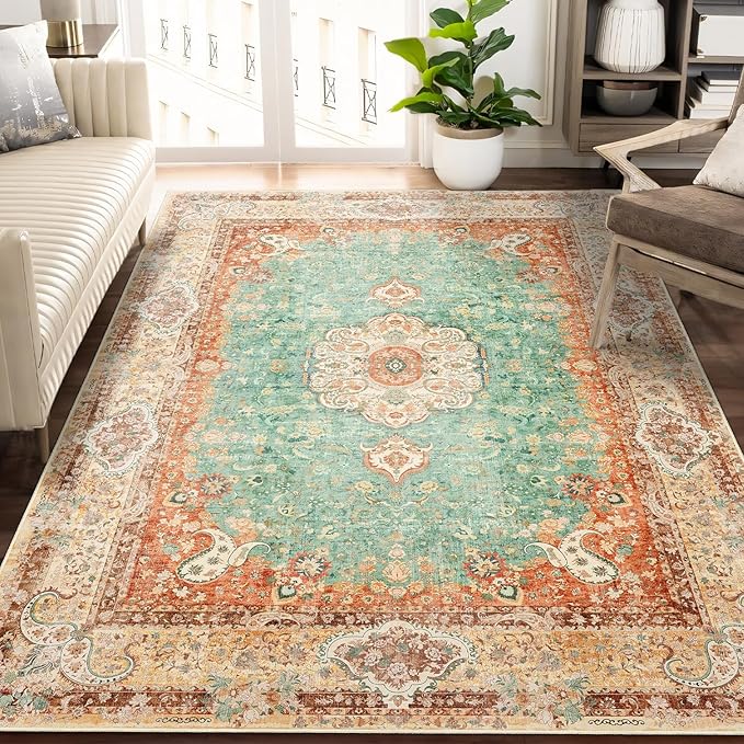 5x7 Area Rugs Washable,Boho Rug for Living Room Bedroom Kitchen,Large Vintage Bohemian Distressed Farmhouse Carpet Non Slip,Retro Orange Green Floral